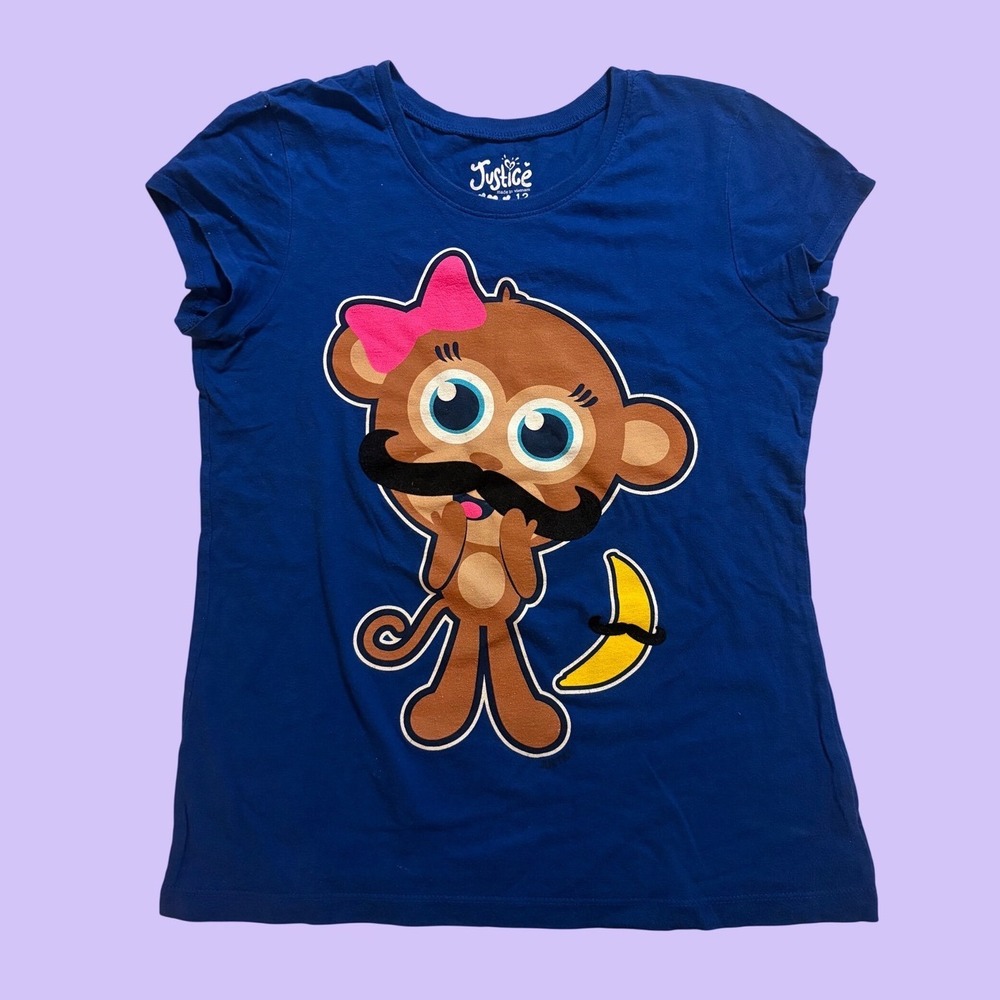 Y2K Justice Blue Monkey Mustache Graphic Baby Tee Scene #17